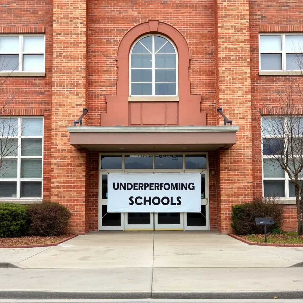 School building with "Underperforming Schools" sign displayed visibly.