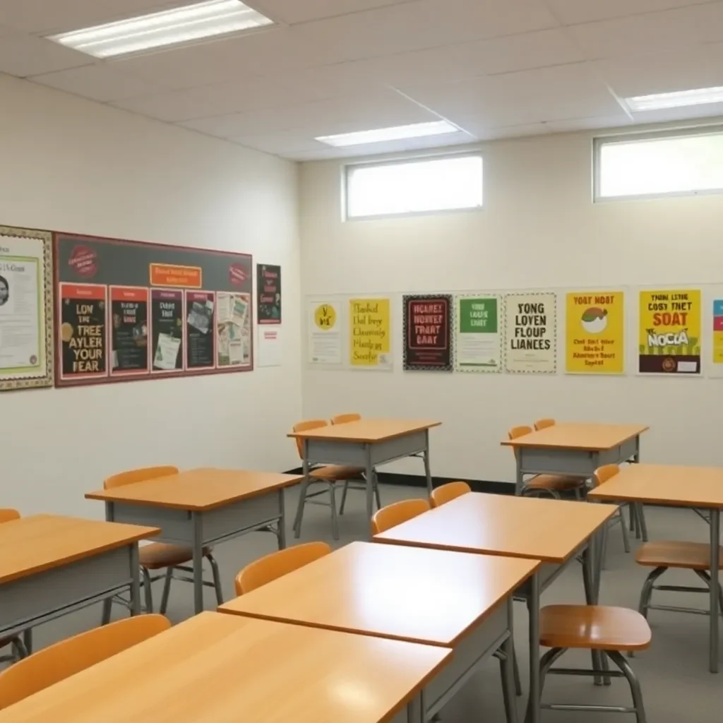 Classroom with empty desks and motivational posters on walls.