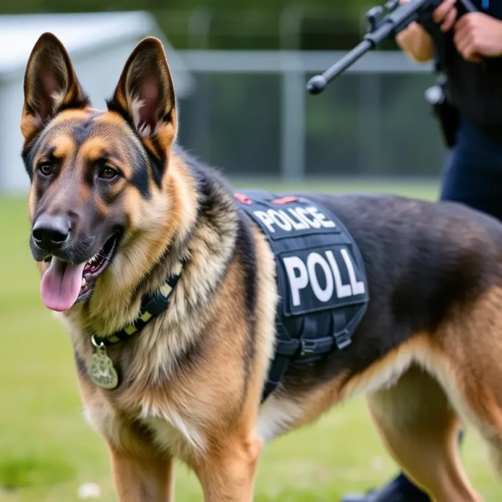 Police K-9 in a protective stance at a training session.