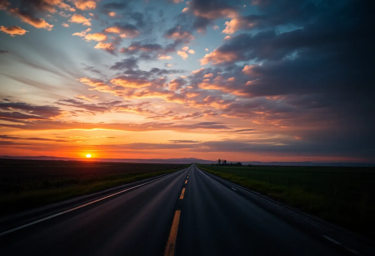 A serene road with a sunset, symbolizing lost journeys.