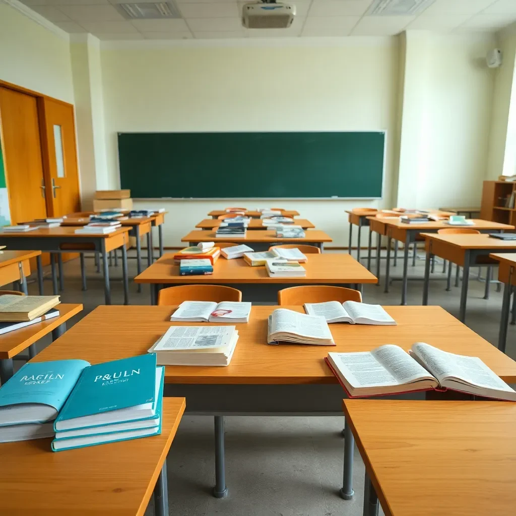 Empty classroom with books scattered on desks.