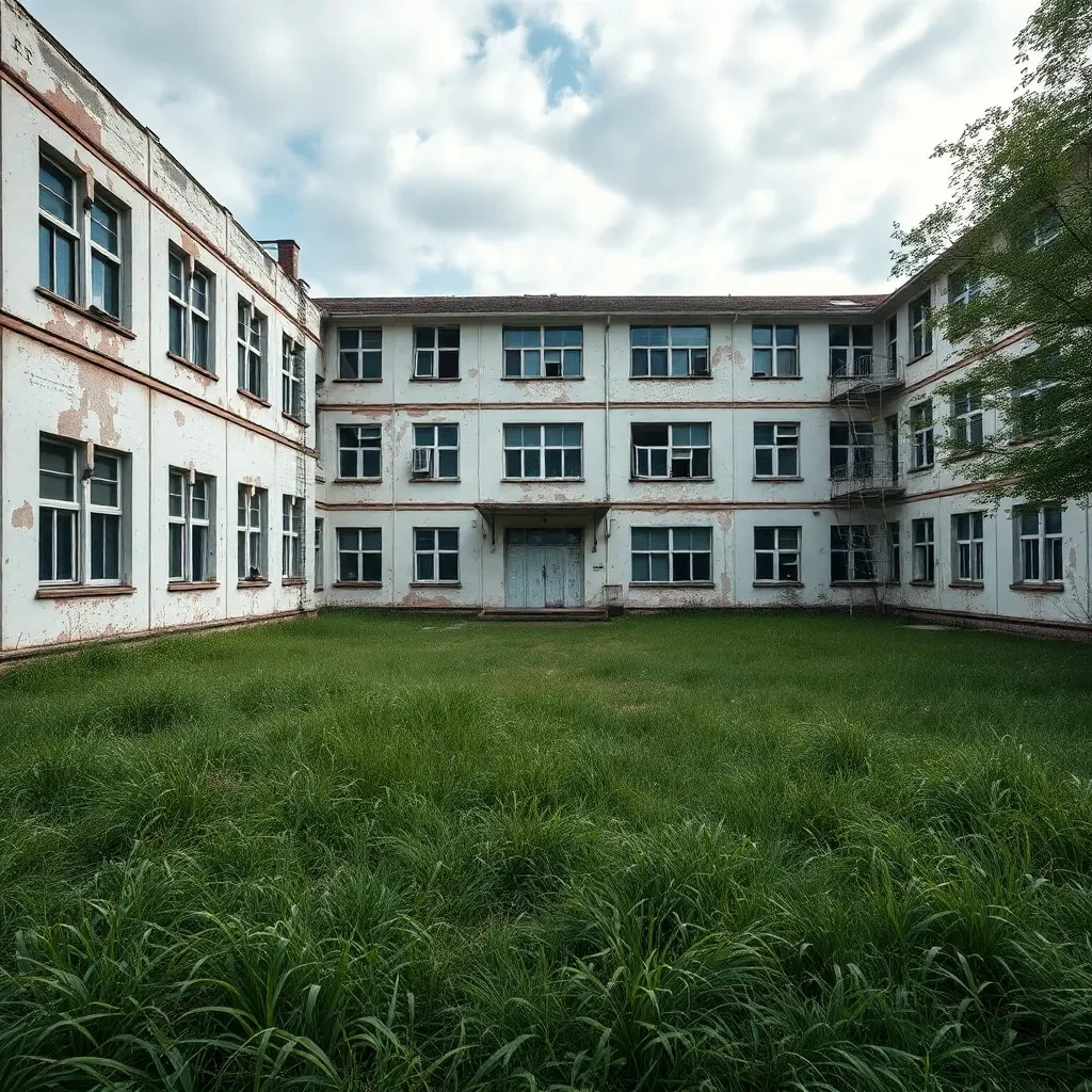 Dilapidated school building with overgrown grass and abandoned playground.