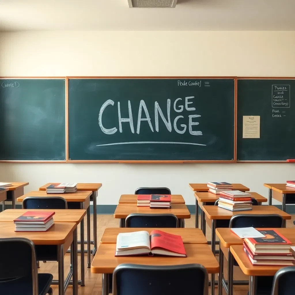 Empty classroom with textbooks and chalkboard signaling change.