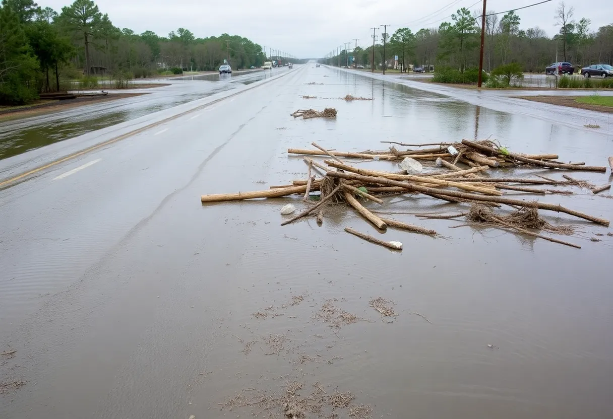 Submerged roads and debris from floodwaters in South Carolina.