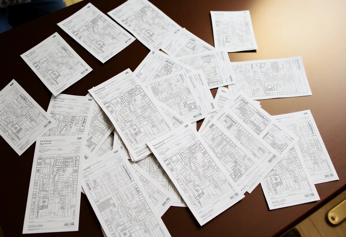 Voter ballots scattered on a table with maps.