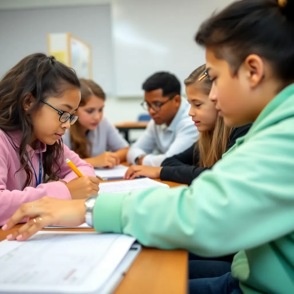 Students engaged in collaborative learning activities in a classroom.