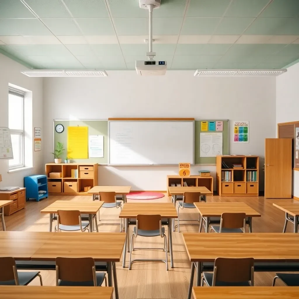 Empty classroom with educational resources and improvement plans displayed.