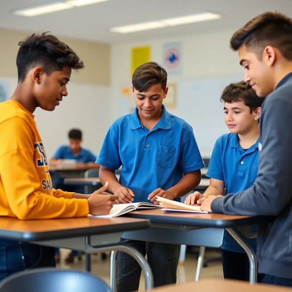 Students engaged in collaborative learning activities in classrooms.