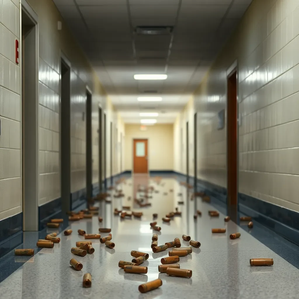 High school hallway with empty shell casings on floor.