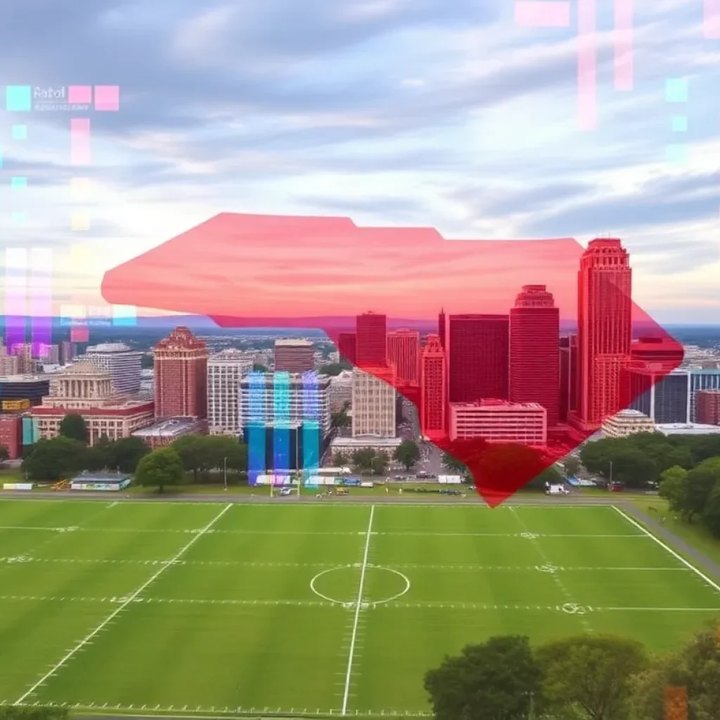 Colorful sports betting graphics overlaying South Carolina skyline.