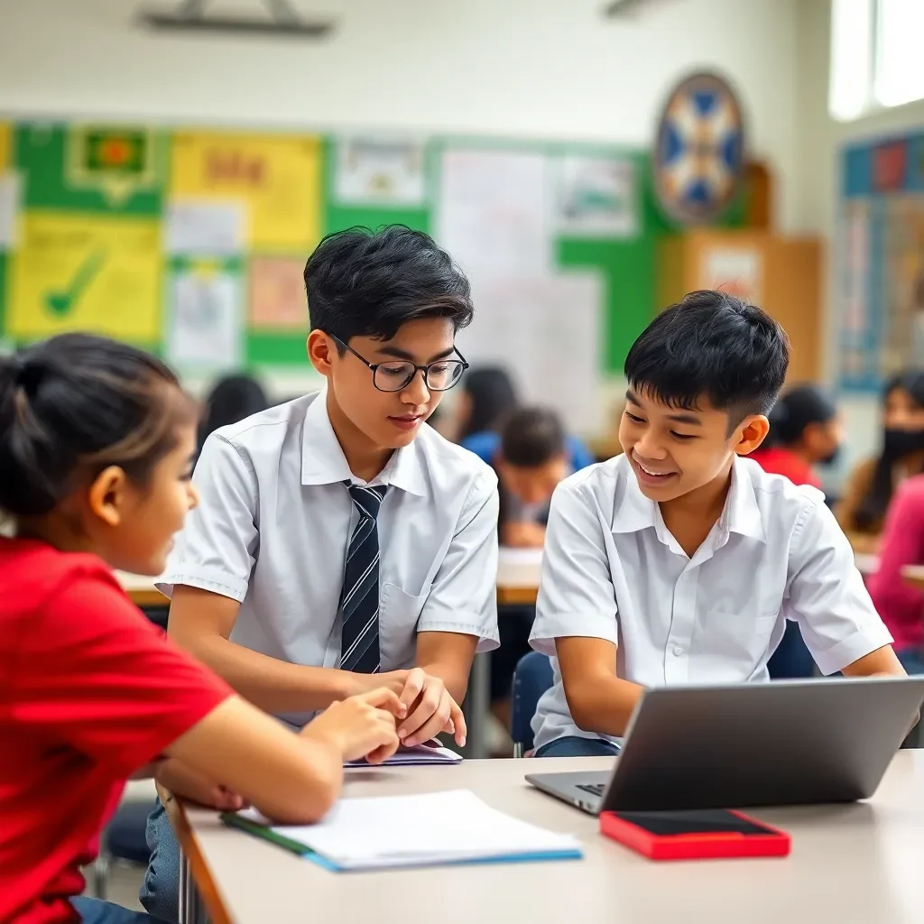 Students collaborating in a vibrant classroom setting.