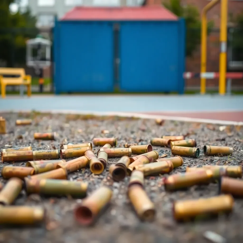 Empty shell casings scattered on a school playground.