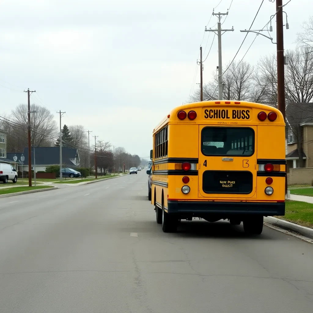 School bus stopped on a quiet, empty road.