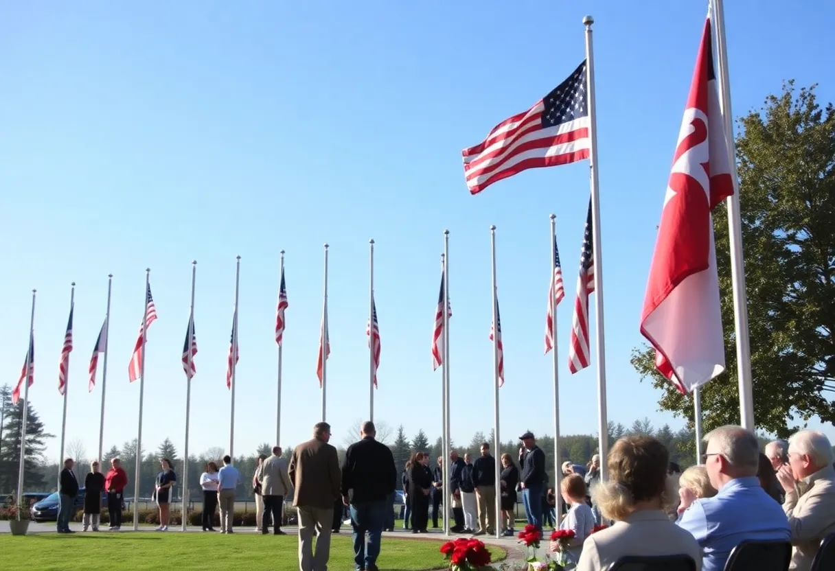 Flags at half-mast with community gathering in remembrance.