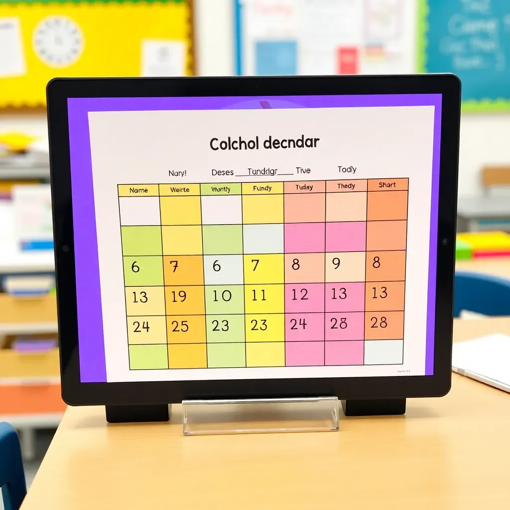 Colorful school calendar pages on a classroom desk.