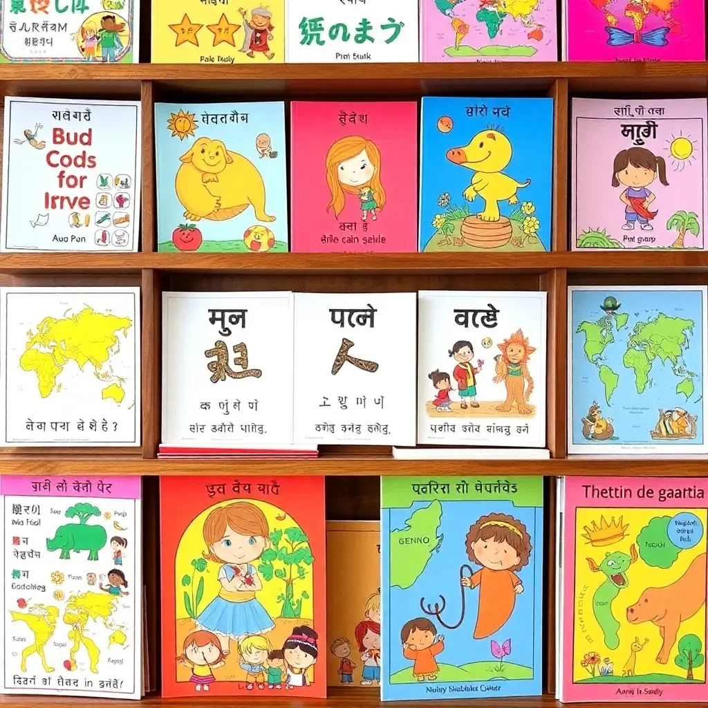 Colorful educational materials reflecting diverse languages and cultures.