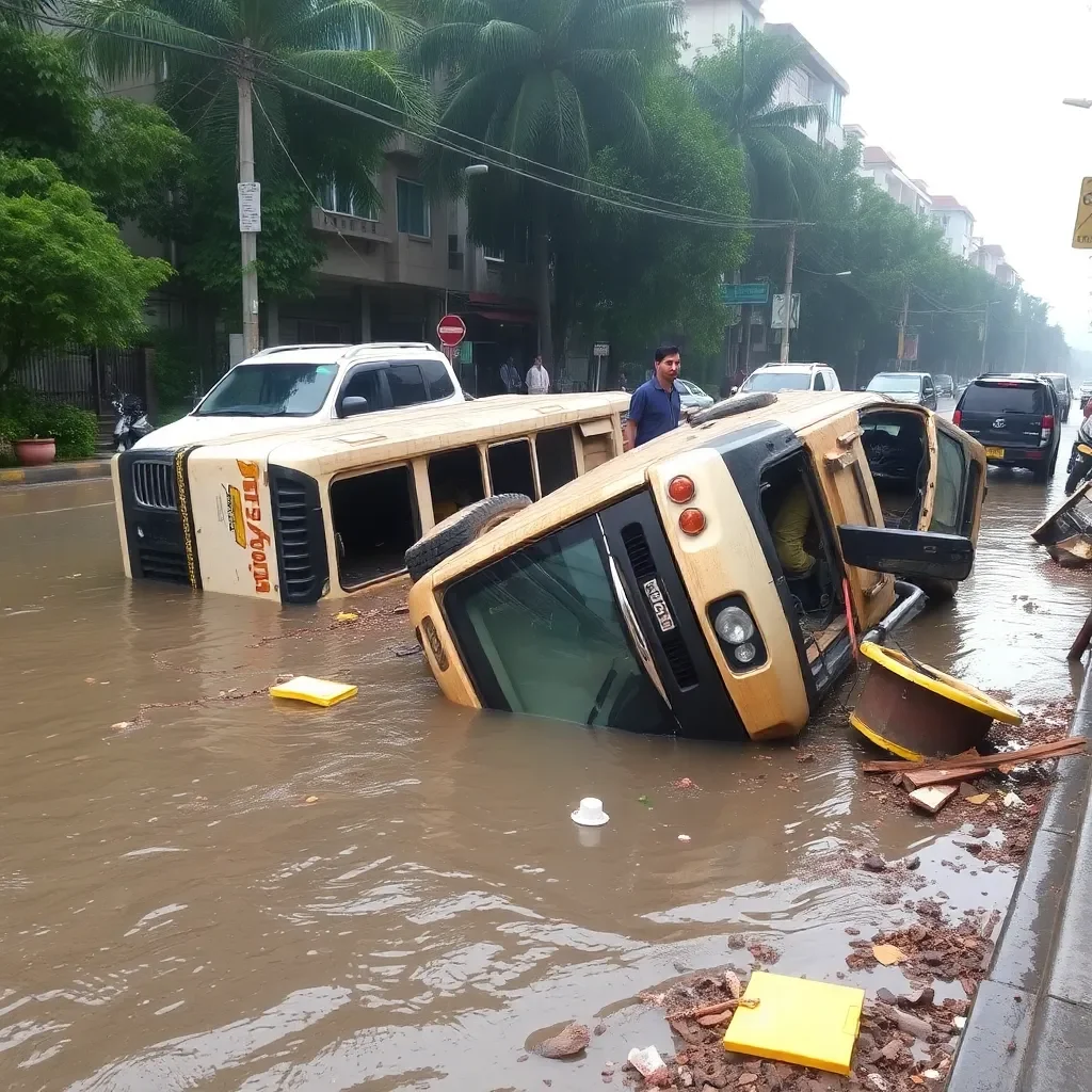 Flooded street with overturned vehicles and debris.