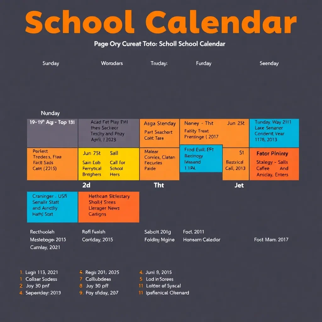 Colorful school calendar with important dates highlighted.