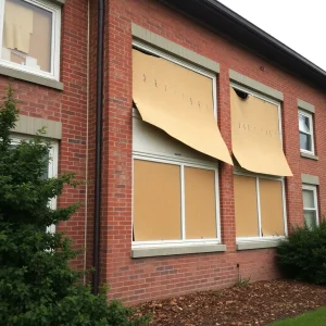 School building with boarded windows after storm damage.