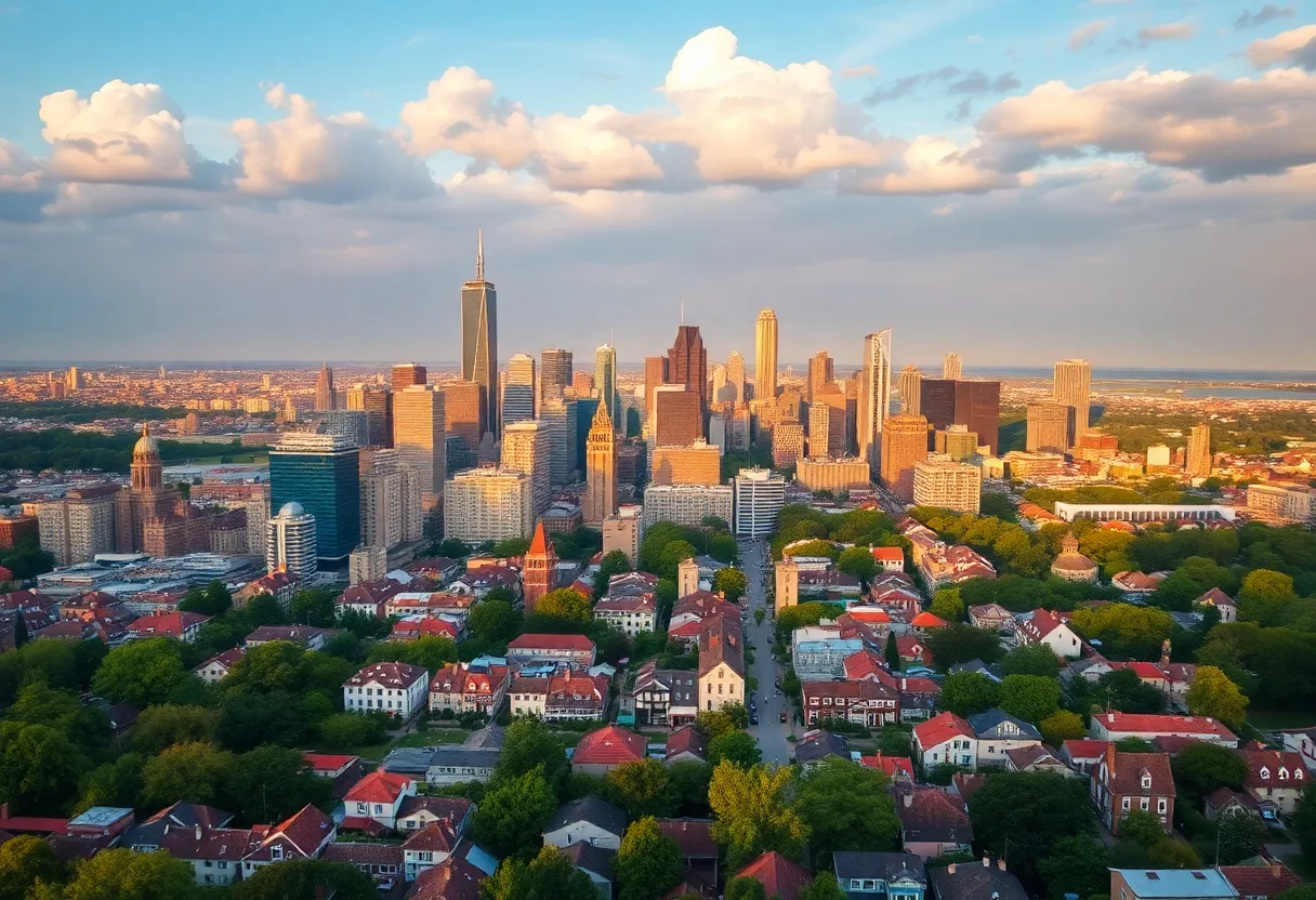 Vibrant city skyline with diverse neighborhoods and green spaces.