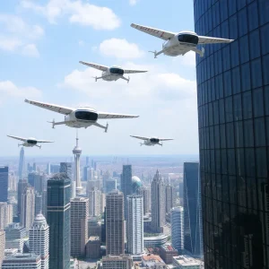 Futuristic aerial vehicles flying over a modern city skyline.