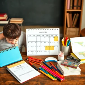 Family planning with calendar and school supplies on table.