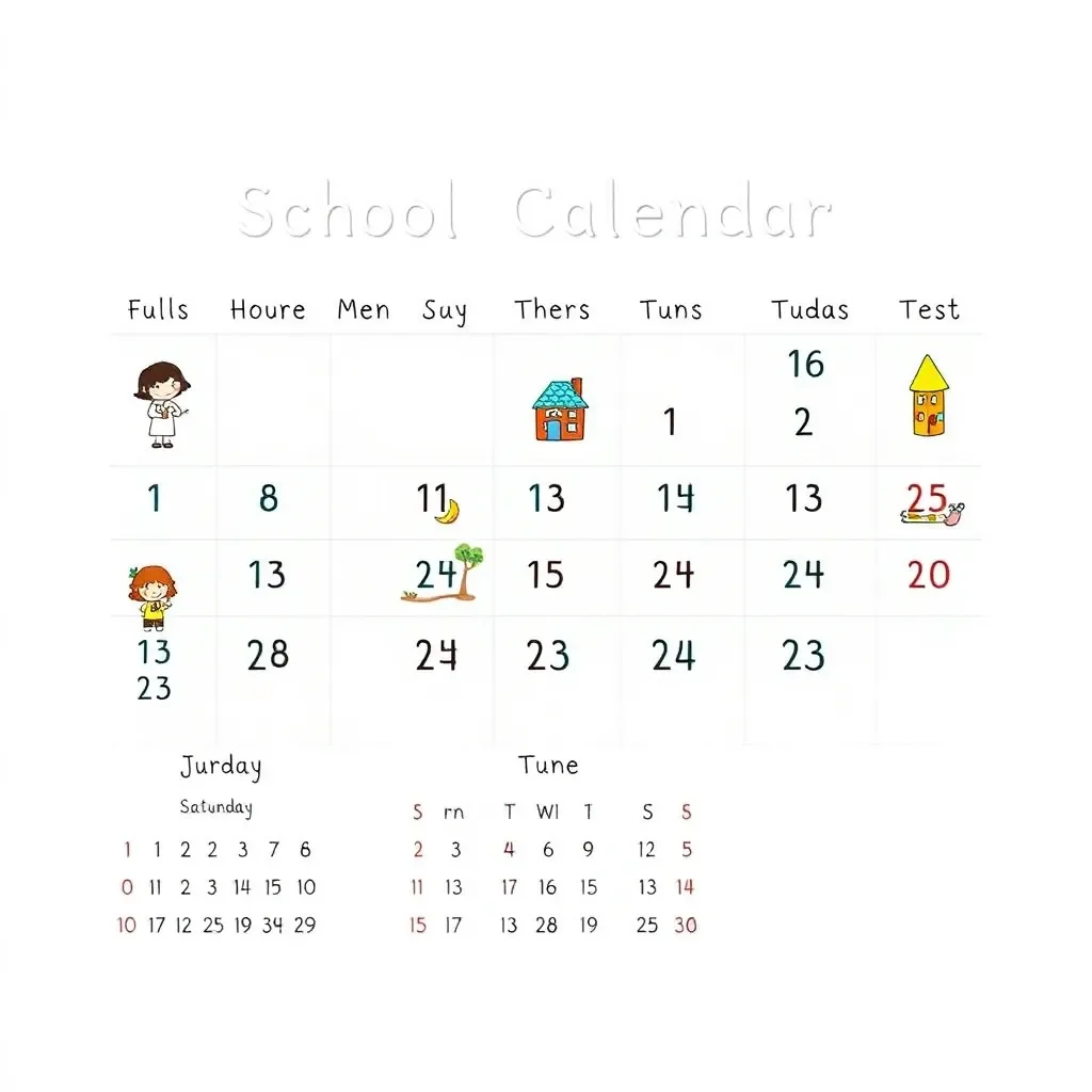 Colorful school calendar with seasonal illustrations and dates.