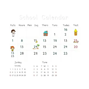 Colorful school calendar with seasonal illustrations and dates.