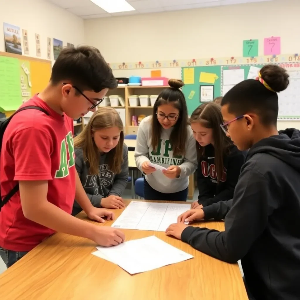 Students collaborating on a project in an uplifting classroom.