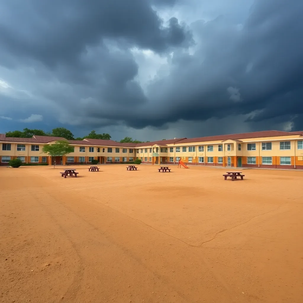 Deserted school playground under cloudy skies after a storm.