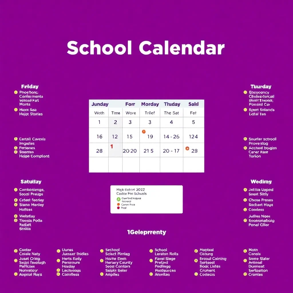 Colorful school calendar with academic year highlights and events.