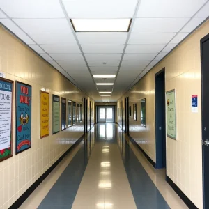 Empty school hallway with motivational posters on walls.