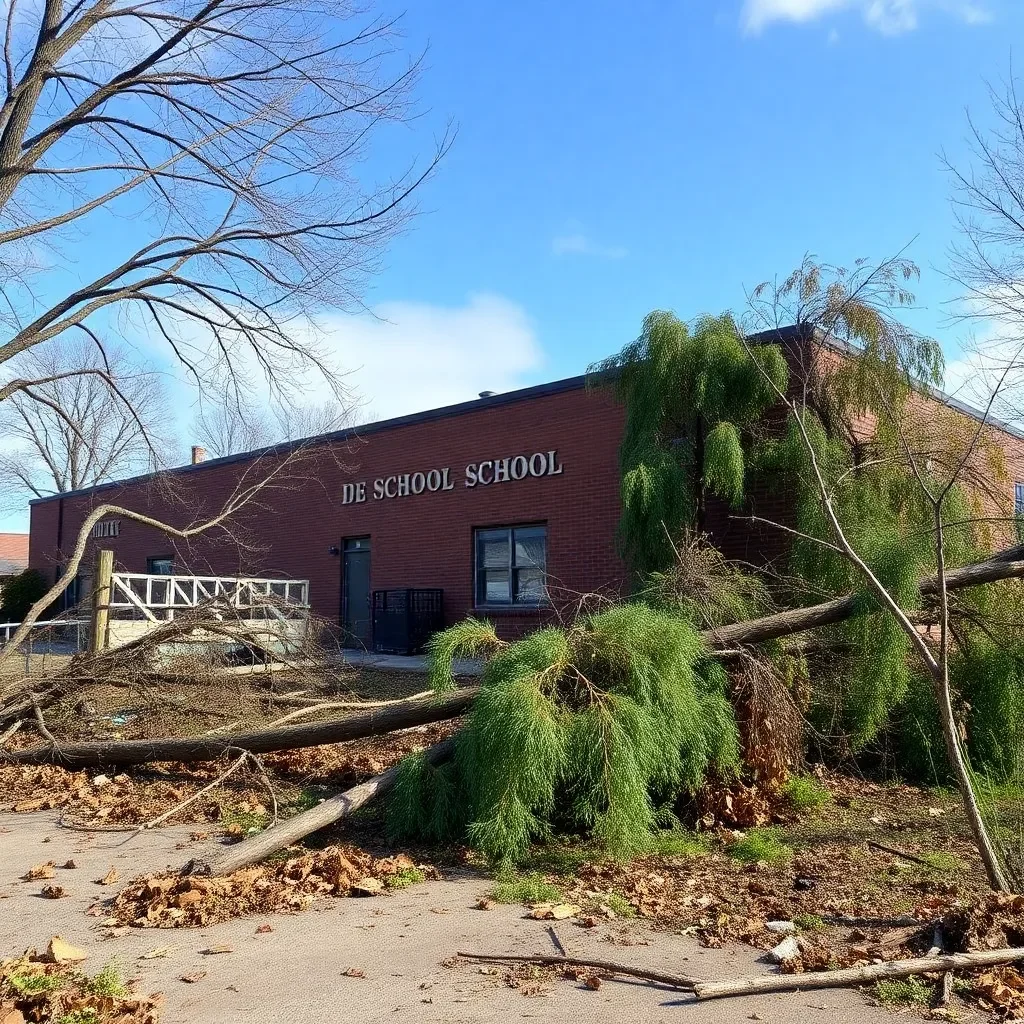 School building surrounded by fallen trees and debris.