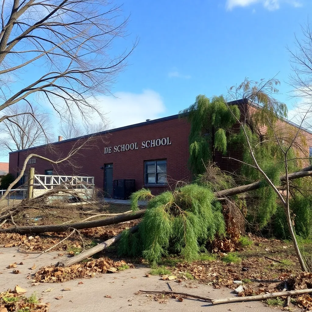 School building surrounded by fallen trees and debris.