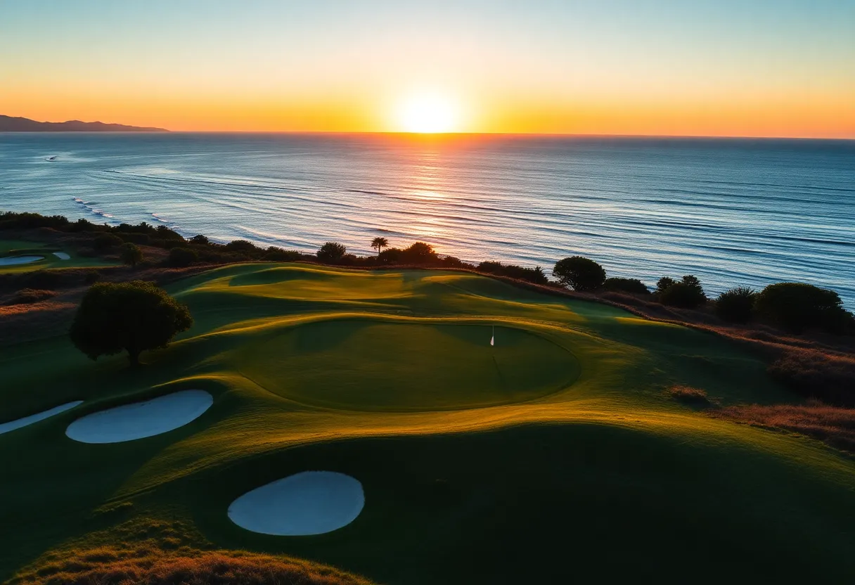 Stunning golf course landscape at sunrise with ocean backdrop