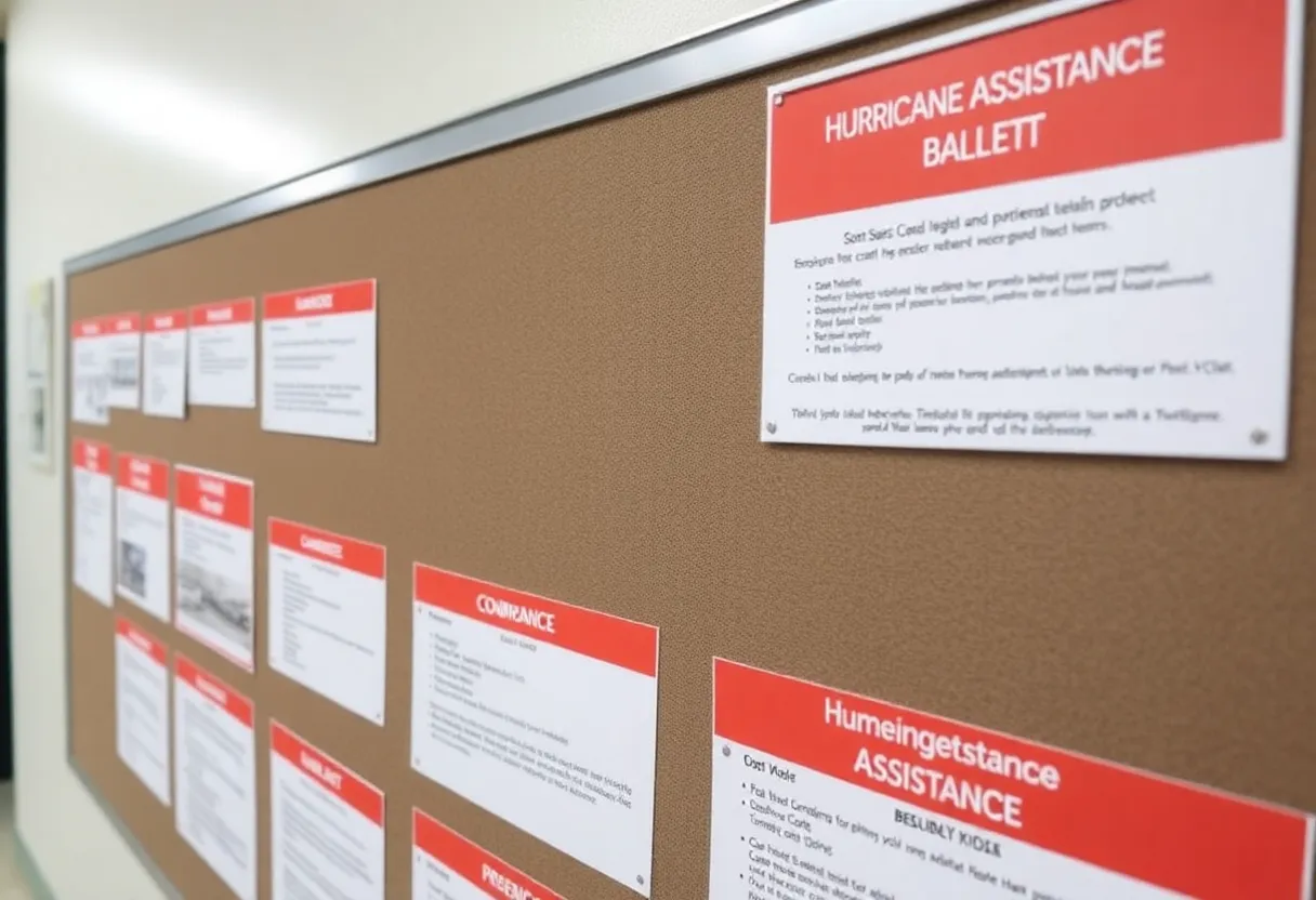 Emergency hurricane assistance information on a bulletin board.