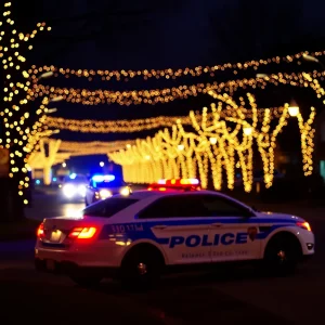 Christmas lights with police vehicle in the background