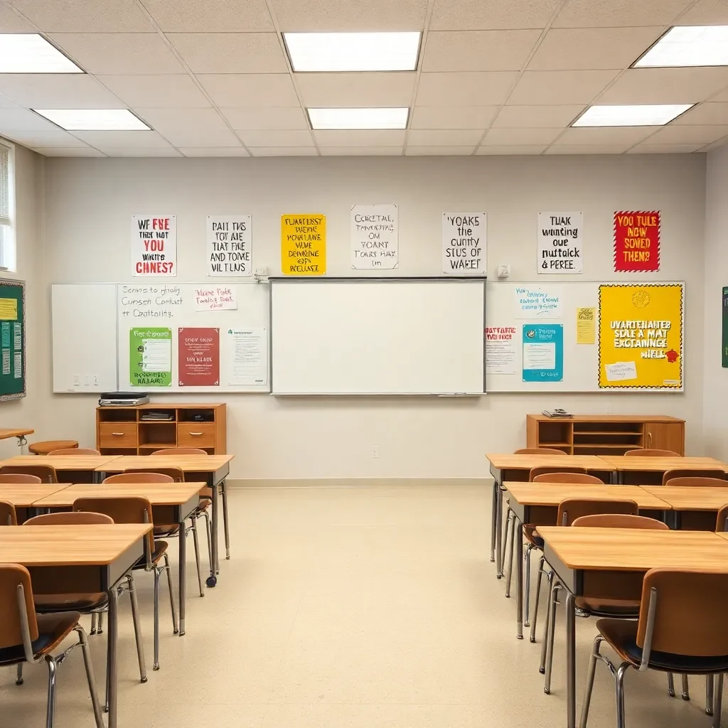 Empty classroom with motivational posters on the wall.