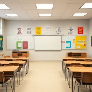 Empty classroom with motivational posters on the wall.