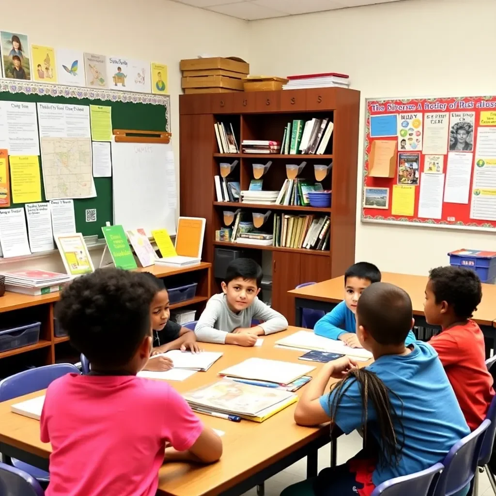 Diverse classroom with educational materials, focused on inclusivity.