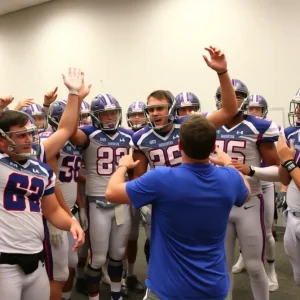 Football team celebrating a new recruit announcement indoors.