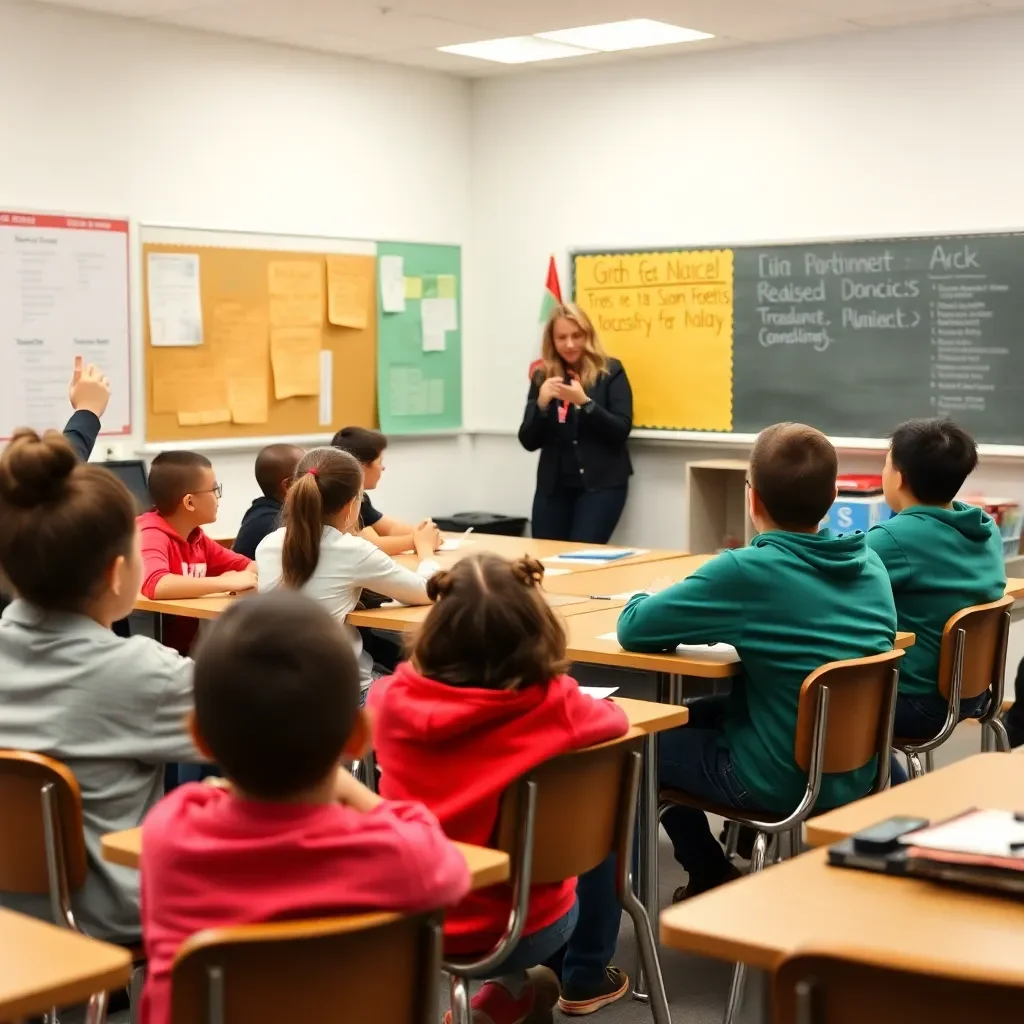 Classroom with engaged students and a supportive teacher.