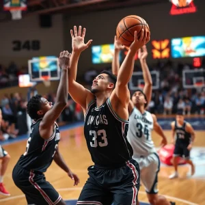 Intense basketball action on a vibrant court scene.