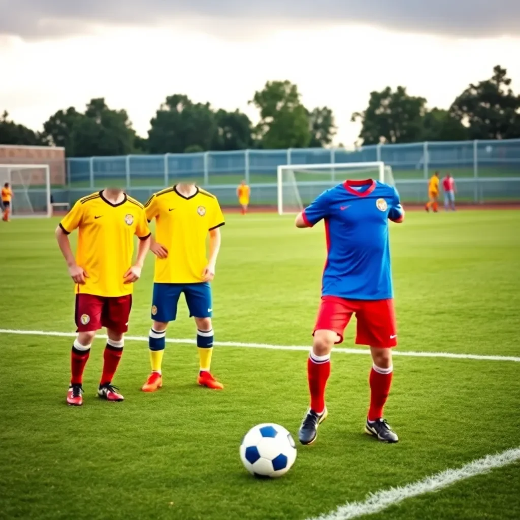 Soccer field with vibrant team jerseys and a ball.