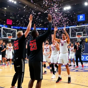 Basketball court celebration with confetti and team spirit.