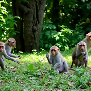 Monkeys playing in a lush, freedom-like environment.