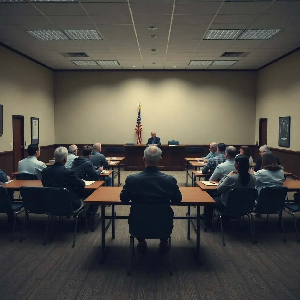 A somber school board meeting in an empty room.