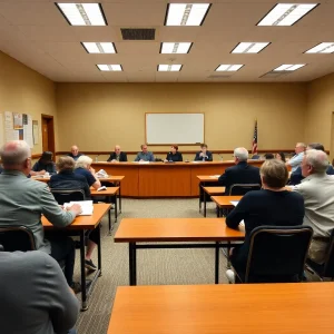 Empty school board meeting room with concerned parents' notes.