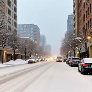 Snow-covered streets with wind-blown snowflakes in Denver.