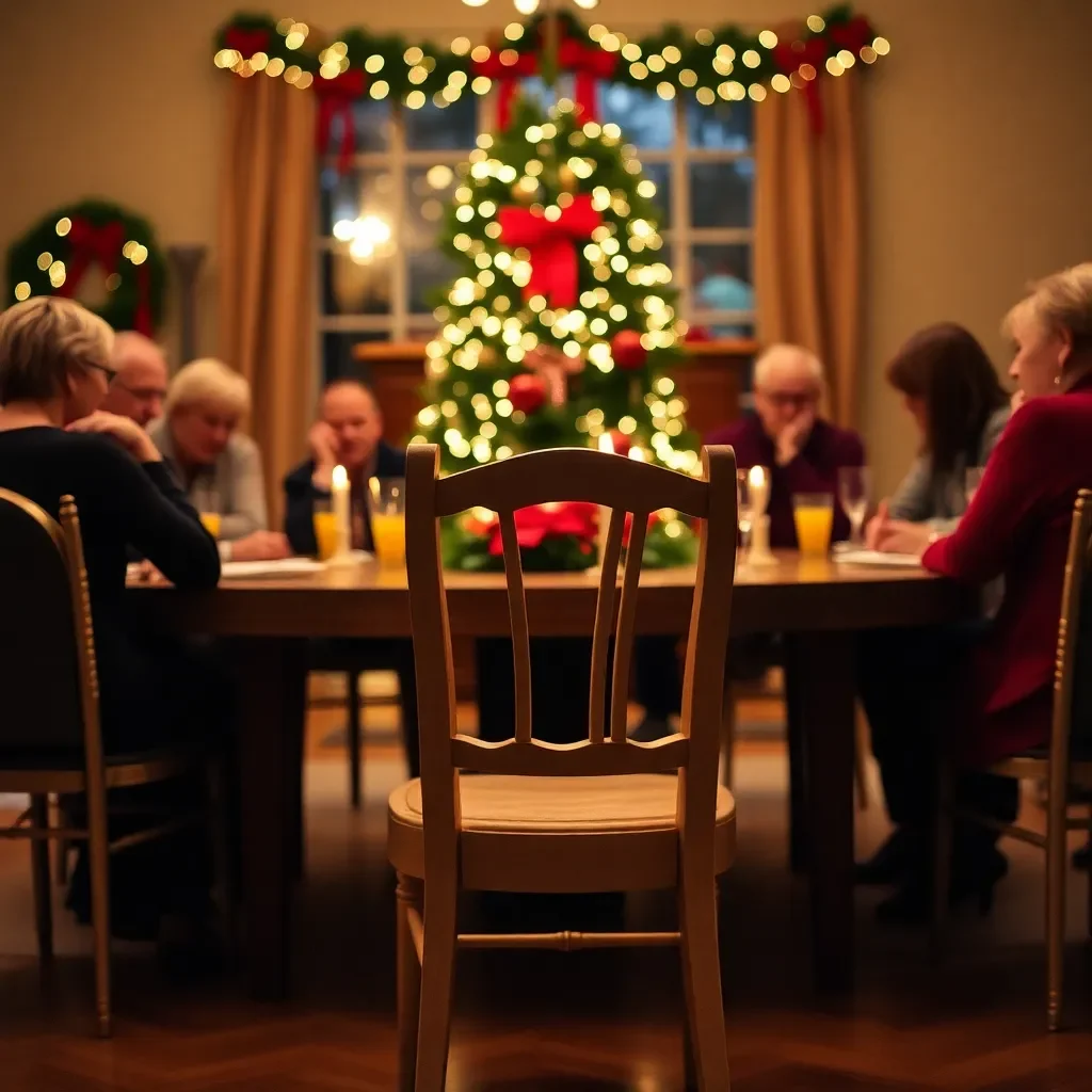 Holiday gathering with empty chair, symbolizing absence and loss.